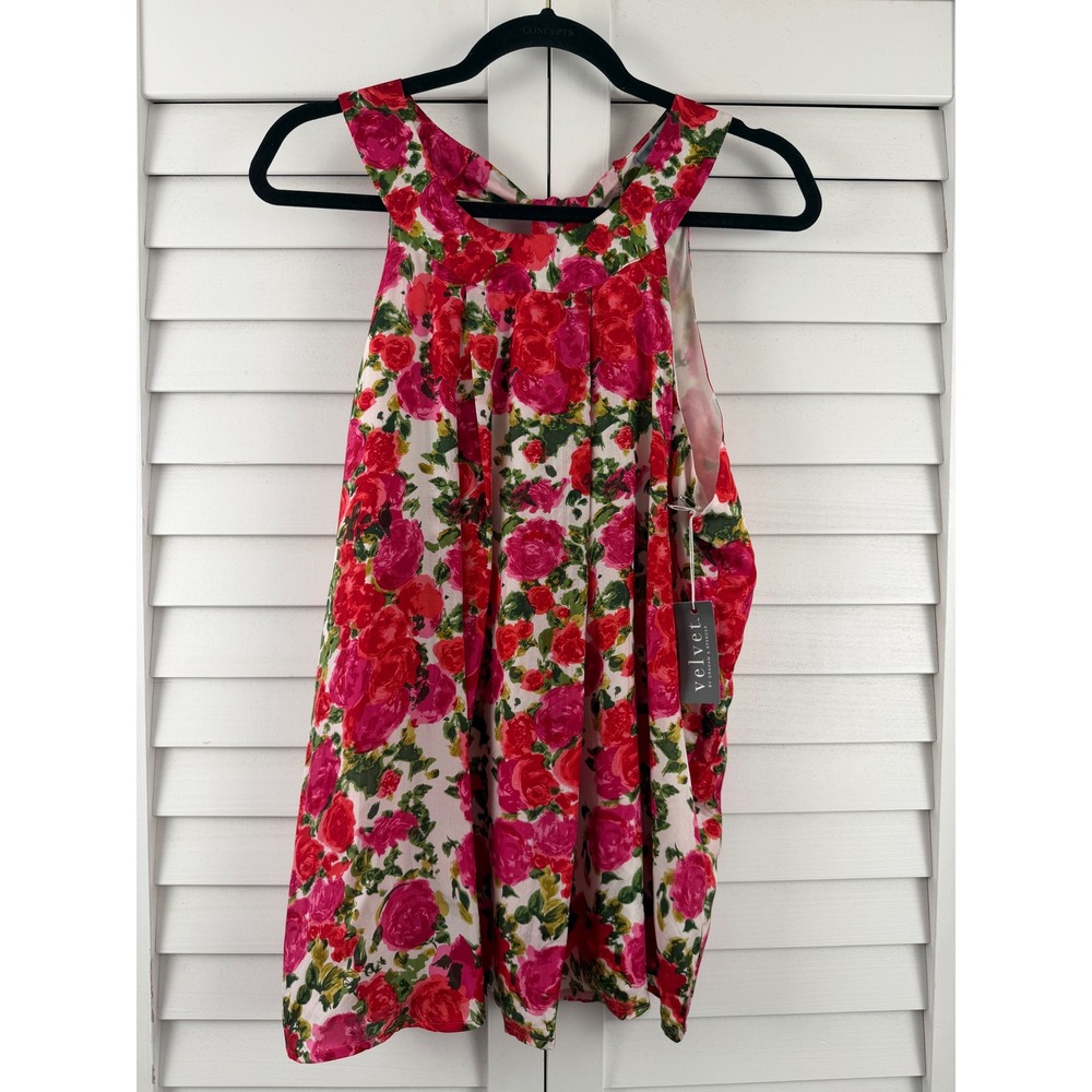 Velvet Floral Halter Top Women L Pink Silk Sleeveless‎ Back Tie NEW